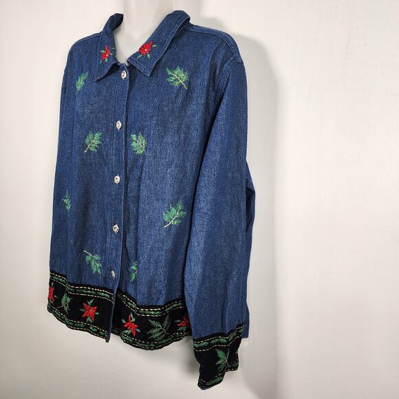 Blair Women Denim Shirt XL Embroidered Festive Poinsettia Holiday Button Front - Picture 5 of 9